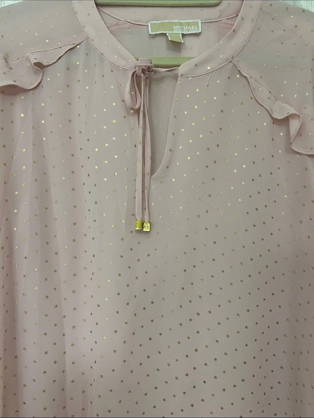 Michael Kors Blush Pink Metallic Gold Star Pattern Ruffle Tie-Neck Blouse